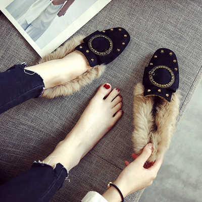 兔毛豆豆鞋女冬加绒毛毛鞋子2017新款貂毛棉瓢鞋秋冬平底大码女鞋