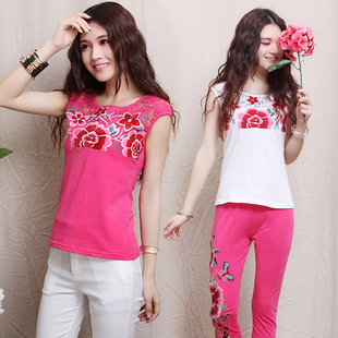  厂家直销 原创女装蕾丝拼接 绣花修身T恤女短袖 裂帛