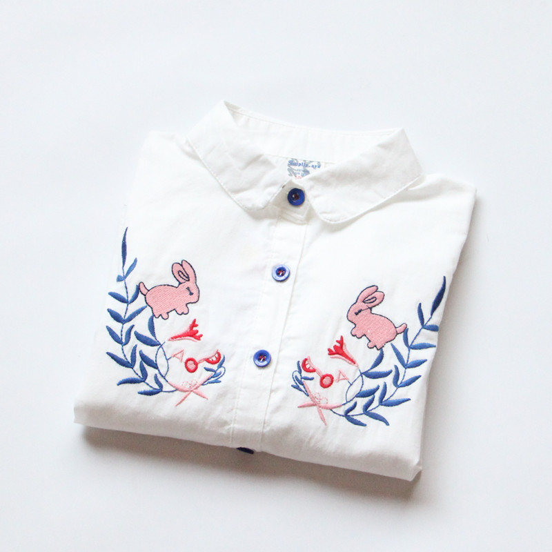 girl Doll collar pure cotton Long sleeve shirt children rabbit Embroidery Korean Edition white Primer shirt 2019 Spring Kidsin the Children/Baby/Family fitted , Shirt category - from Buy2taobao.com to provide professional Taobao agent buy service