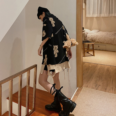 2020新款夏美式黑色宽松韩版半袖卡通涂鸦小熊上衣ins潮短袖T恤女