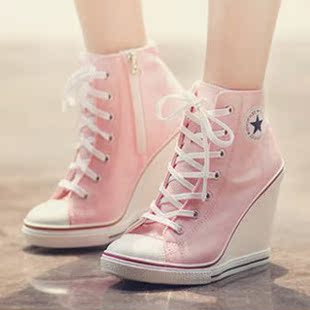  韩国代购0318韩国进口女鞋 Tenwood侧拉链坡跟超高跟帆布鞋 粉色