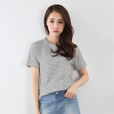 2017韩国夏季休闲条纹上衣大码显瘦短袖T恤女潮宽松简约半袖纯棉