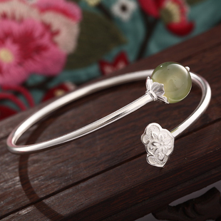  纯银饰品 S925 ph7风格 绿玛瑙如意莲手镯 创意手工