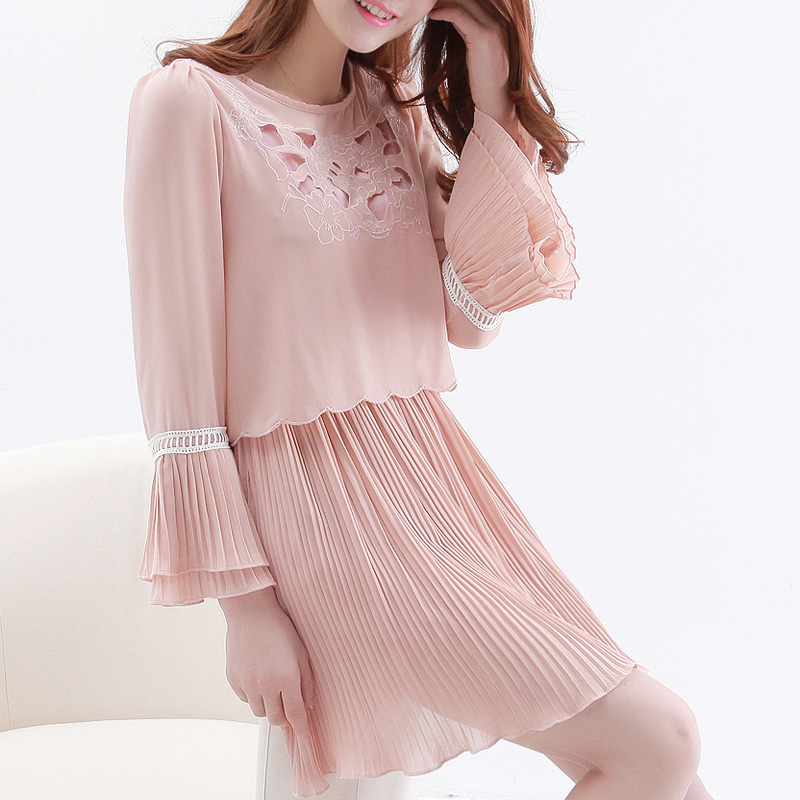 韩版圆领喇叭袖假两件...