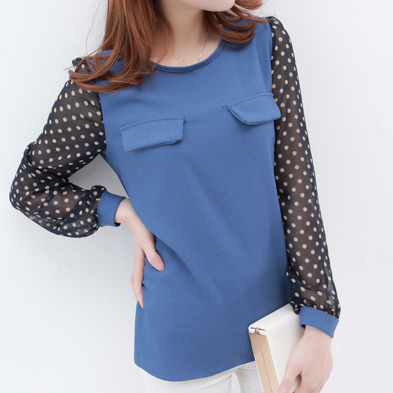 韩版圆领长袖波点雪纺...