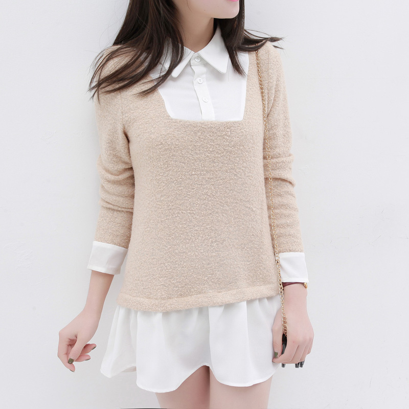 韩版淑女翻领长袖拼接...