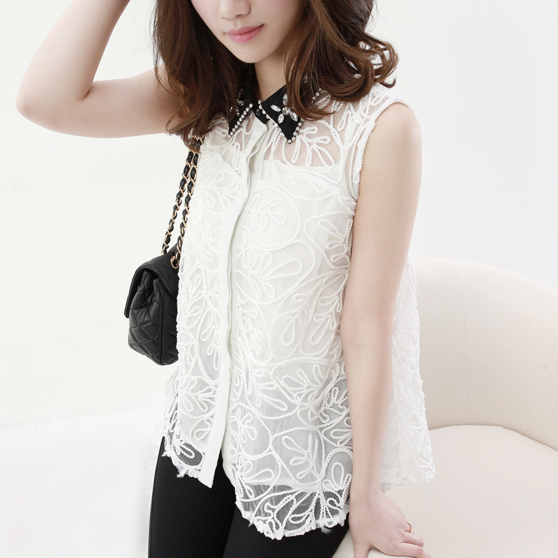 韩版钉珠撞色小尖领...