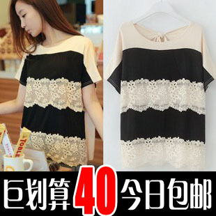  春夏装新款大码女装韩版条纹蕾丝拼接钩花圆领宽松短袖T恤女