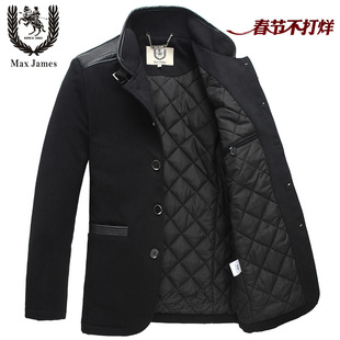  MJ春冬新款休闲皮嵌边立领厚有肥加大码羊毛呢西服男装外套N1