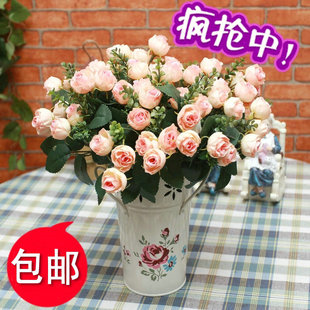  春季促销！铁艺花桶玫瑰套装 欧式仿真花假花绢花 客厅装饰餐桌花