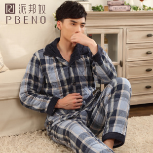 <em>派邦奴</em>冬季<em>男款</em>梭织纯棉<em>珊瑚绒</em>夹棉<em>睡衣</em>男士格
