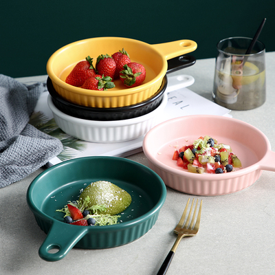 圆形单柄盘 创意芝士焗饭盘陶瓷盘沙拉盘西餐盘子 家用烤箱平盘子