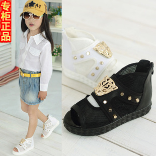  韩版金属豹头夏款潮女童凉鞋铆钉高帮鱼嘴儿童罗马鞋透气网鞋