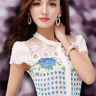  新款韩版女装夏装新品质蕾丝OL修身显瘦上衣短袖雪纺衫