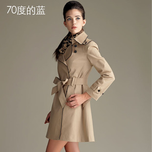  70度的蓝中长款加厚风衣欧美大牌修身双排扣大码外套品质女装