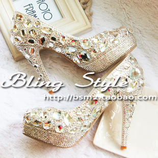  现货顺丰包邮奢华手工定制结婚新娘鞋水晶鞋水钻婚鞋宴会鞋防水台