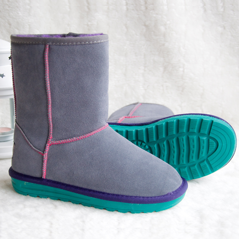 真牛皮撞色糖果色女靴...