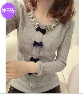 2013秋装新款韩版女装订珠领蝴蝶结泡泡袖套头毛线针织衫打底上衣