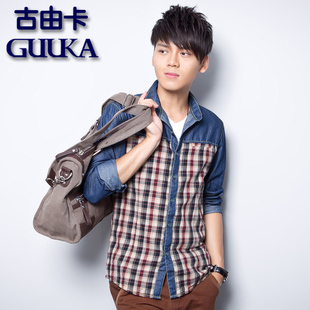  古由卡清新男装春秋新品韩版修身休闲拼接格子潮男士长袖衬衫