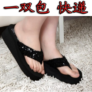  包邮夏季女士坡跟凉拖鞋夹脚人字拖女夹脚拖松糕高跟亮片沙滩拖鞋