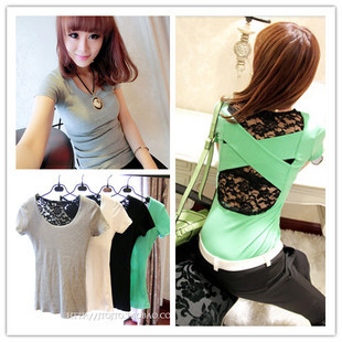  女装批发 春季新款欧美百搭后背蕾丝拼接交叉圆领纯色短袖T恤女