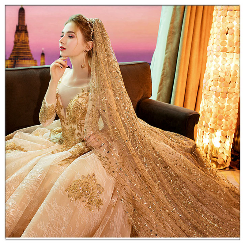 Trill Same item Net Red Twinkle Headdress new pattern Champagne 3 meters Long tail bride wedding Headdressin the Accessories/Leather belt/Hat/Muffler , Wedding dress accessories , Veil category - from Buy2taobao.com to provide professional Taobao agent buy service