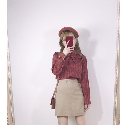 miss qiuqiu：自制免邮～复古少女风格纹～系带质感长袖套头衬衫