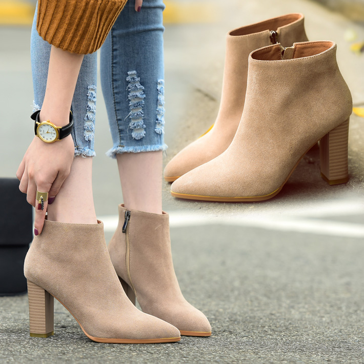 Korean Edition Scrub genuine leather With crude Bootie Nude color High-heeled Women's Boots Apricot Women's Shoes Tip Ankle boots Khaki Riding bootsin the Women's Shoes, Boots category - from Buy2taobao.com to provide professional Taobao agent buy service