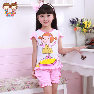  精明宝贝 夏季新款可爱女童套装圆领纯棉儿童睡衣女孩套装