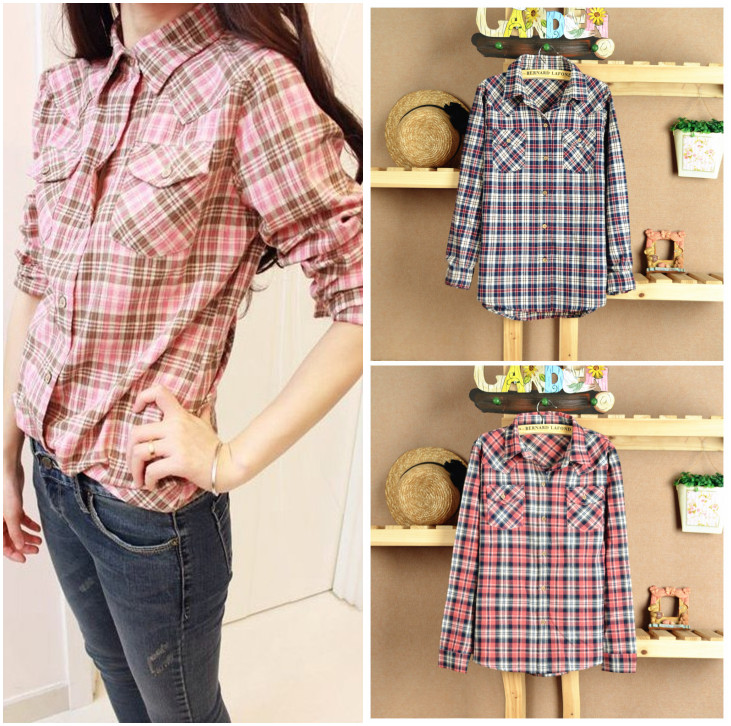 日系森女格子衣长袖...