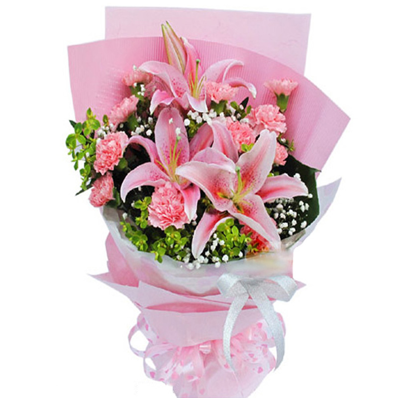 福州鲜花速递 11枝粉色康乃馨 2支百合 给长辈送花 圣诞节送花