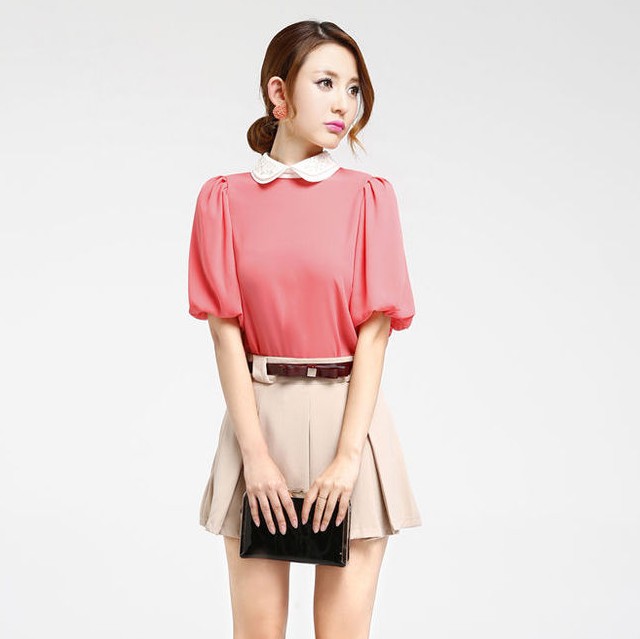 韩版娃娃领雪纺衫...