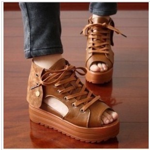  春季新款欧美罗马风复古休闲镂空厚底松糕鞋鱼嘴凉鞋女鞋子潮