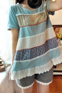  夏季女装短袖 上衣宽松韩版波点拼接格子蕾丝花边 森女t恤短袖 女