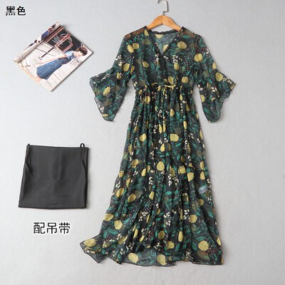 213399 铭薇女装2018夏V领套头五分袖印花连衣裙+吊带套装