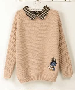  早春新款日系森女小清新贴补小女孩复古麻花翻领套头毛衣女