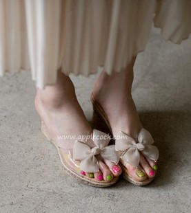  韩国代购正品女鞋13夏款欧美沙滩时尚蝴蝶结防水台高跟坡跟凉拖鞋