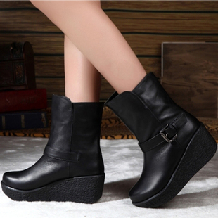  冬季新款百丽短靴女鞋 高跟坡跟真皮女靴 松糕厚底女雪地靴子