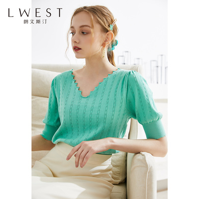 朗文斯汀V领薄针织衫2020新款纯色套头T恤打底衫修身短袖上衣