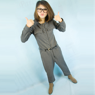  诺小兔 欧美冬装气质款灰色呢子低档连身裤阔腿哈伦裤连体长裤 女