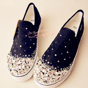  厚底半钻白大宝石镶钻手工帆布低帮坡跟松糕水晶女款懒人高跟单鞋