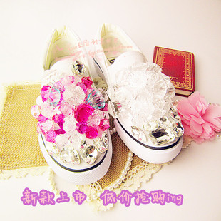  厚底立体宝石镶钻手工缝制帆布低帮坡跟松糕水晶女款懒人高跟单鞋