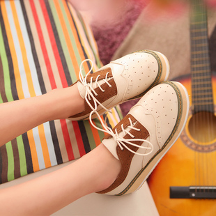  春款女鞋英伦松糕厚底鞋休闲鞋撞色坡跟单鞋系带中跟女鞋子潮