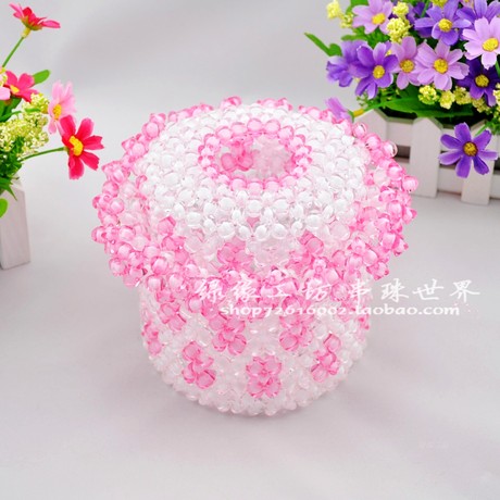 [绿缘工坊]手工串珠纸巾盒 粉色圆形纸巾筒材料