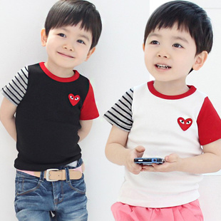  夏装新款  拼接刺绣爱心男童女童短袖T恤/儿童T恤/童装上衣