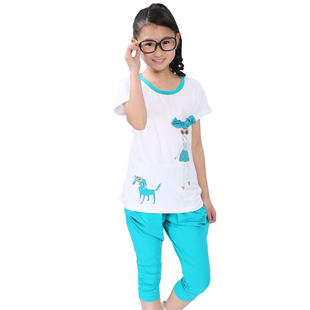  韩版夏季女童套装儿童中大童全棉短袖+七分裤 英伦学院风