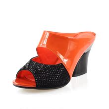 2013 summer new lady leather leather high-heeled sandals and slippers fish head thick with rhinestones sweet fashion shoes