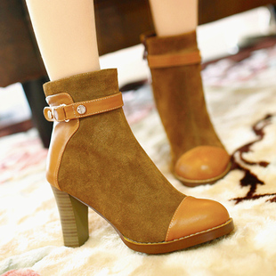  欧美英伦风粗跟真皮短靴牛皮里拼接高跟马丁靴短筒春秋女式单靴子