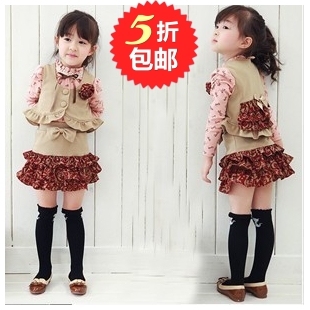  新年装年春款套装女童套装淑女装长袖套装加马甲装裙套三件套