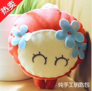  三色补丁韩国可爱卡通动物布艺花姑子女士男汽车抽拉式钥匙包批发